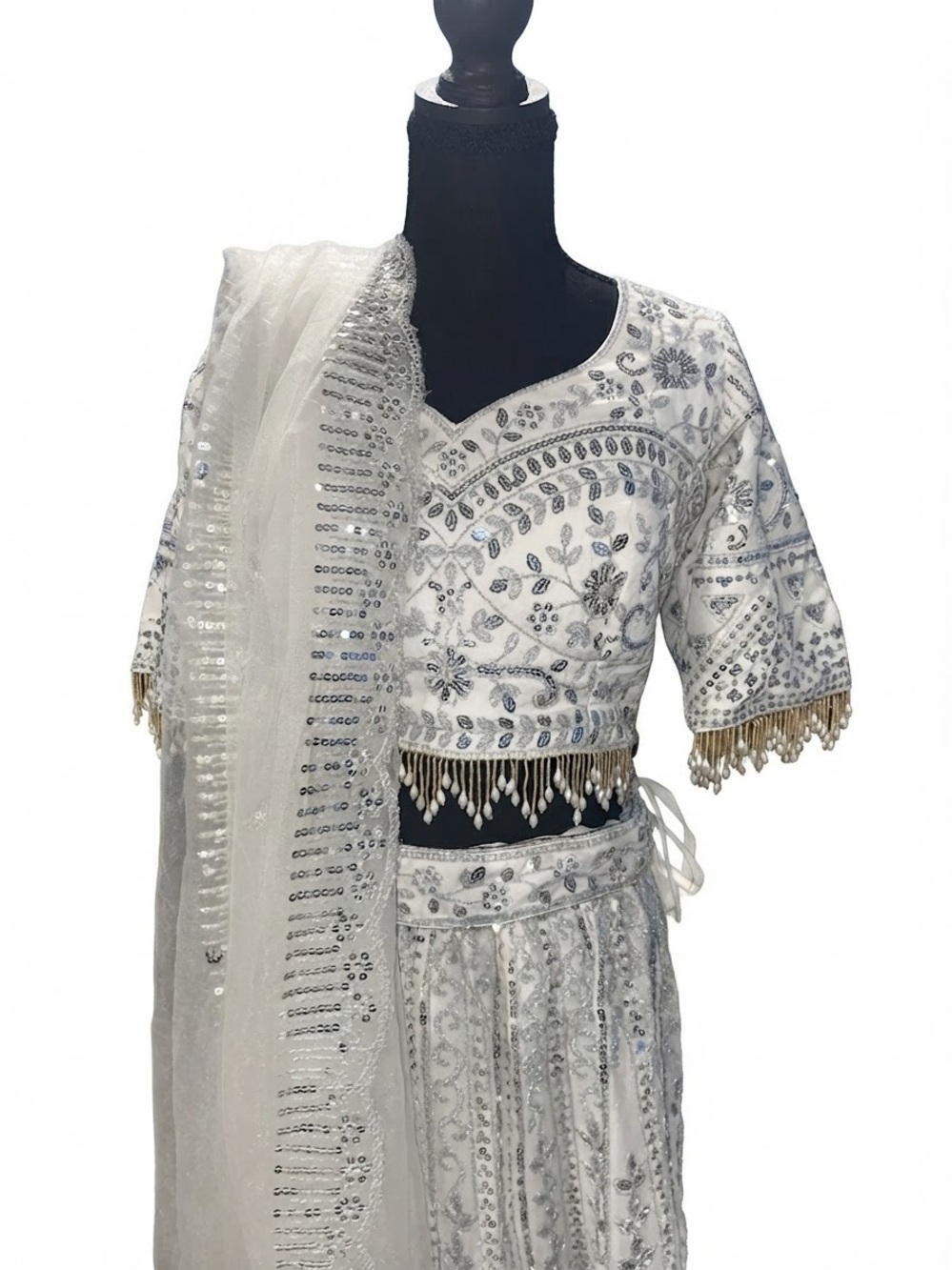 White Silver Embellished Bridal Georgette Net Lehenga Set - Picture 6 of 11